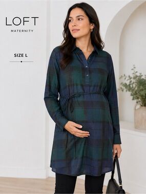 LOFT Maternity Plaid Shirt Dress Size L Blue Green Tie Waist